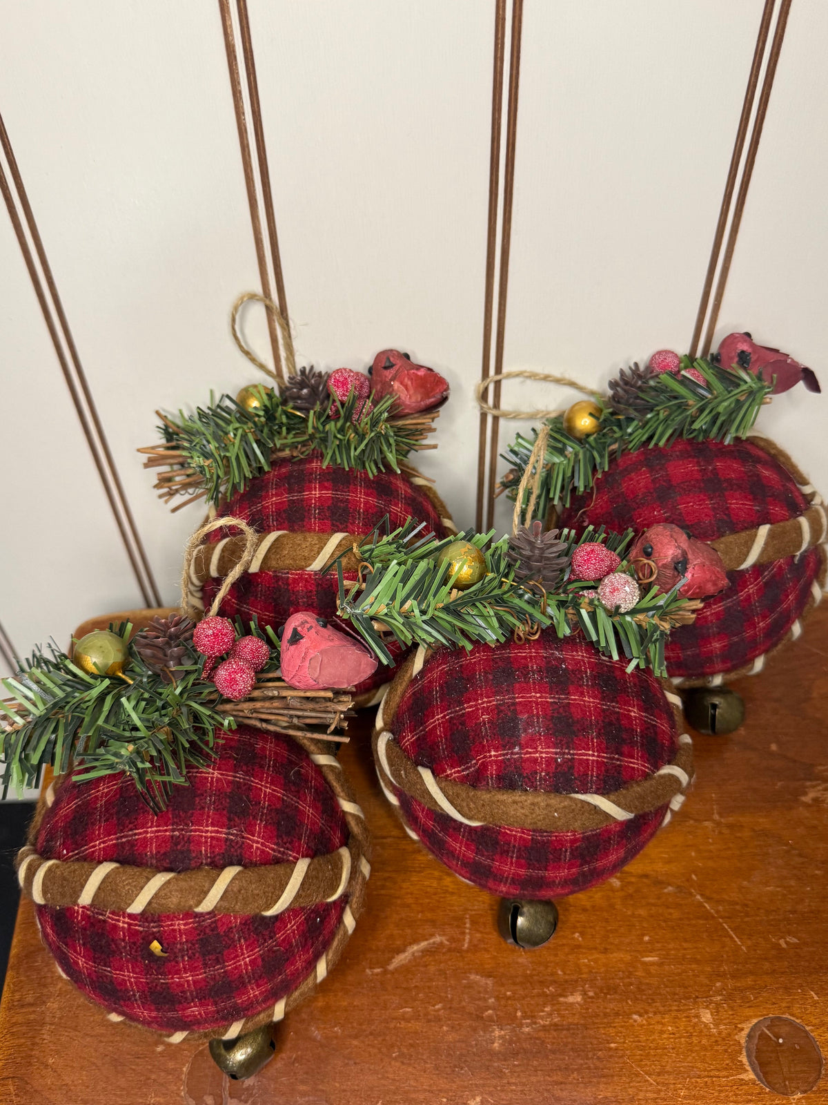 Large Plaid Ornaments with Birds (set of 4)