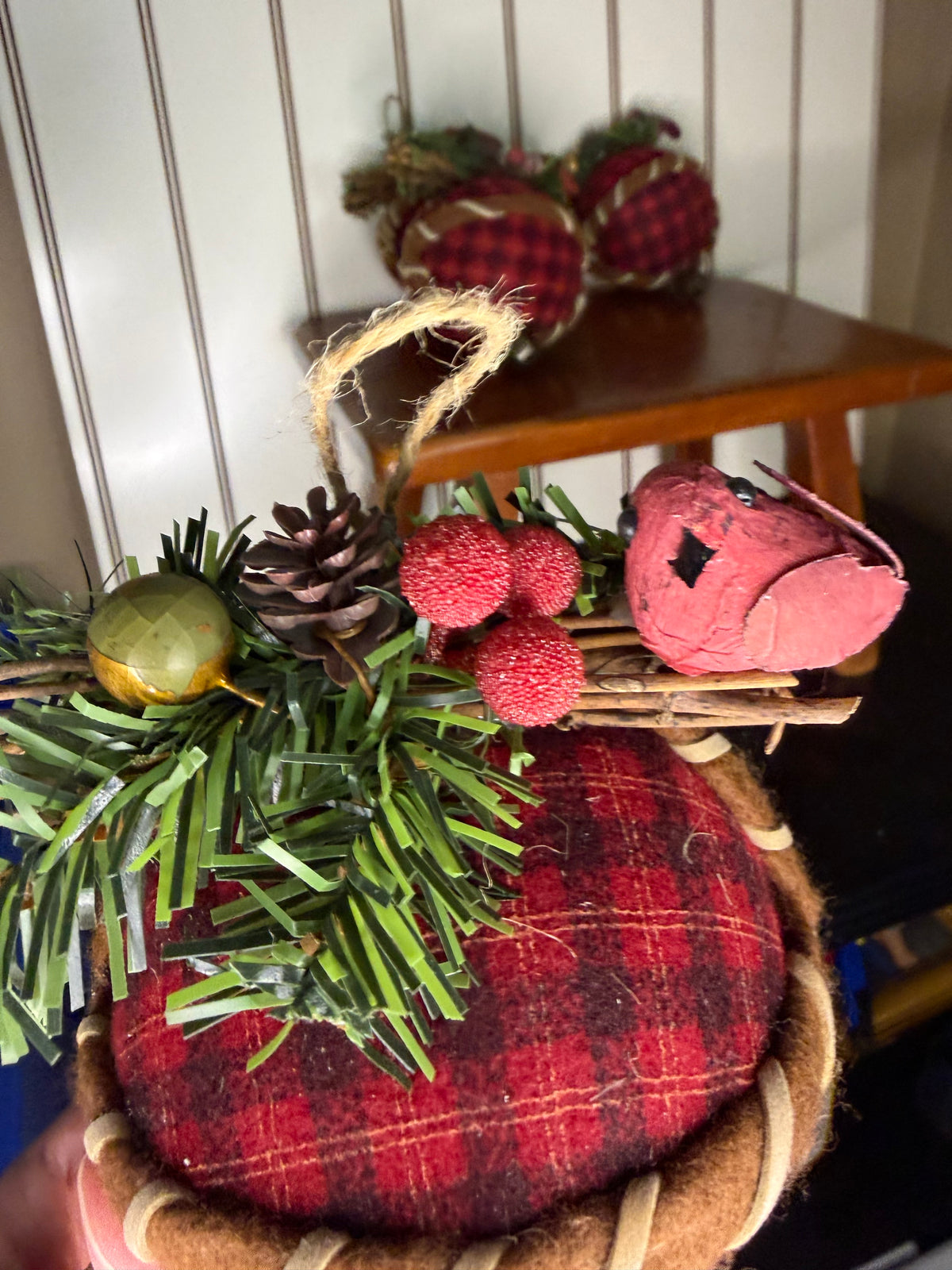 Large Plaid Ornaments with Birds (set of 4)