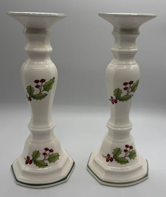 Sango Japan Vintage Set of Two Holly Candlesticks