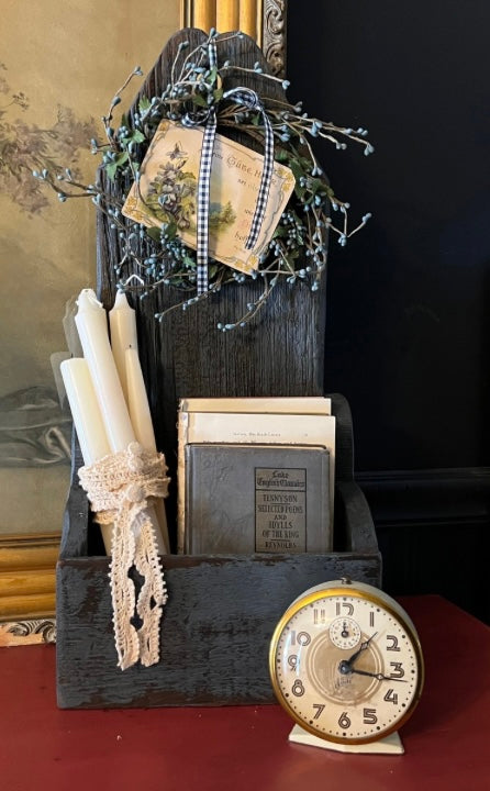 Vintage Dark Blue Barnwood Box with Berry Wreath