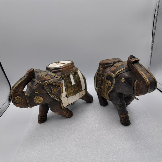 Set of Two Vintage Wood Carved Elephants with Brass and Ivory Inlays